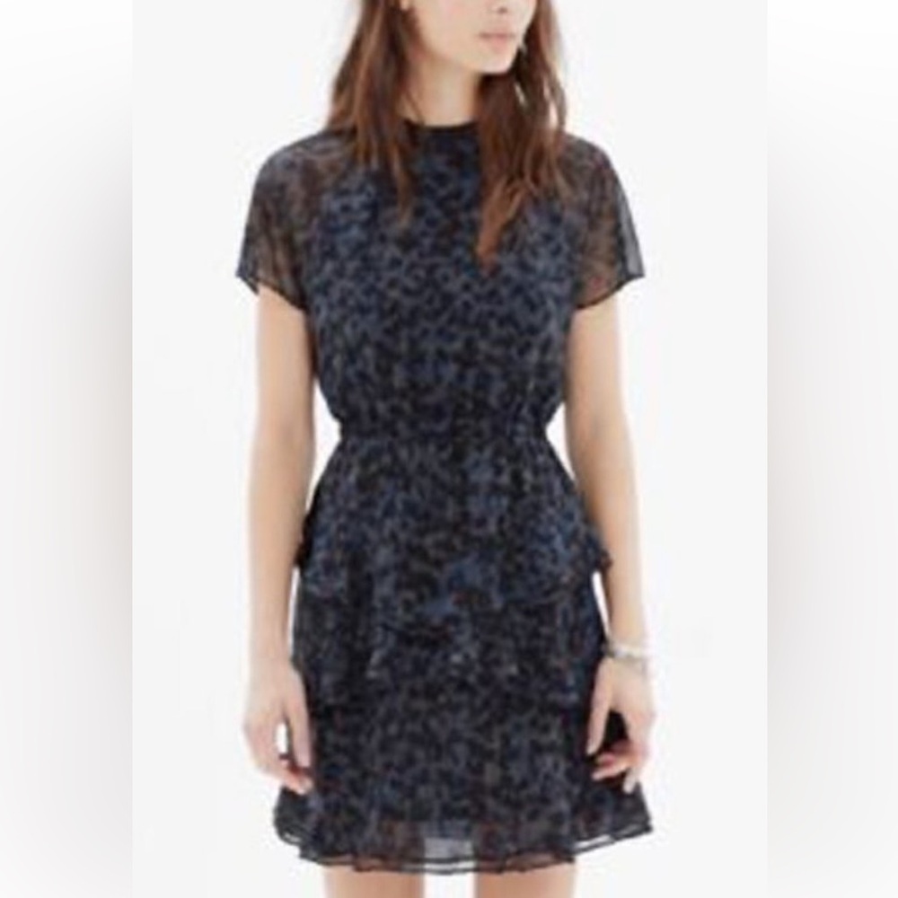 MADEWELL Blue and Black Women's Tiered Ruffle Dress - Picture 1 of 8